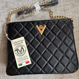 $278 Retail Valentino Orlandi Black and Gold Quilted Shoulder Bag